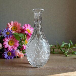 VTG Clear Pressed Glass Decanter Vase Bottle Frosted Rose Floral Embossed Decor
